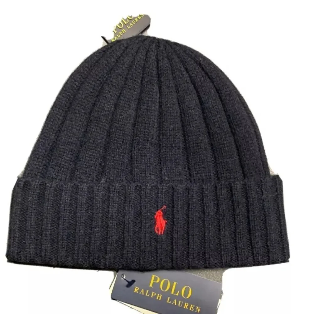 Men’s Polo Ralph Lauren Navy Blue Wool Red Pony Logo Ribbed Cuffed Beanie